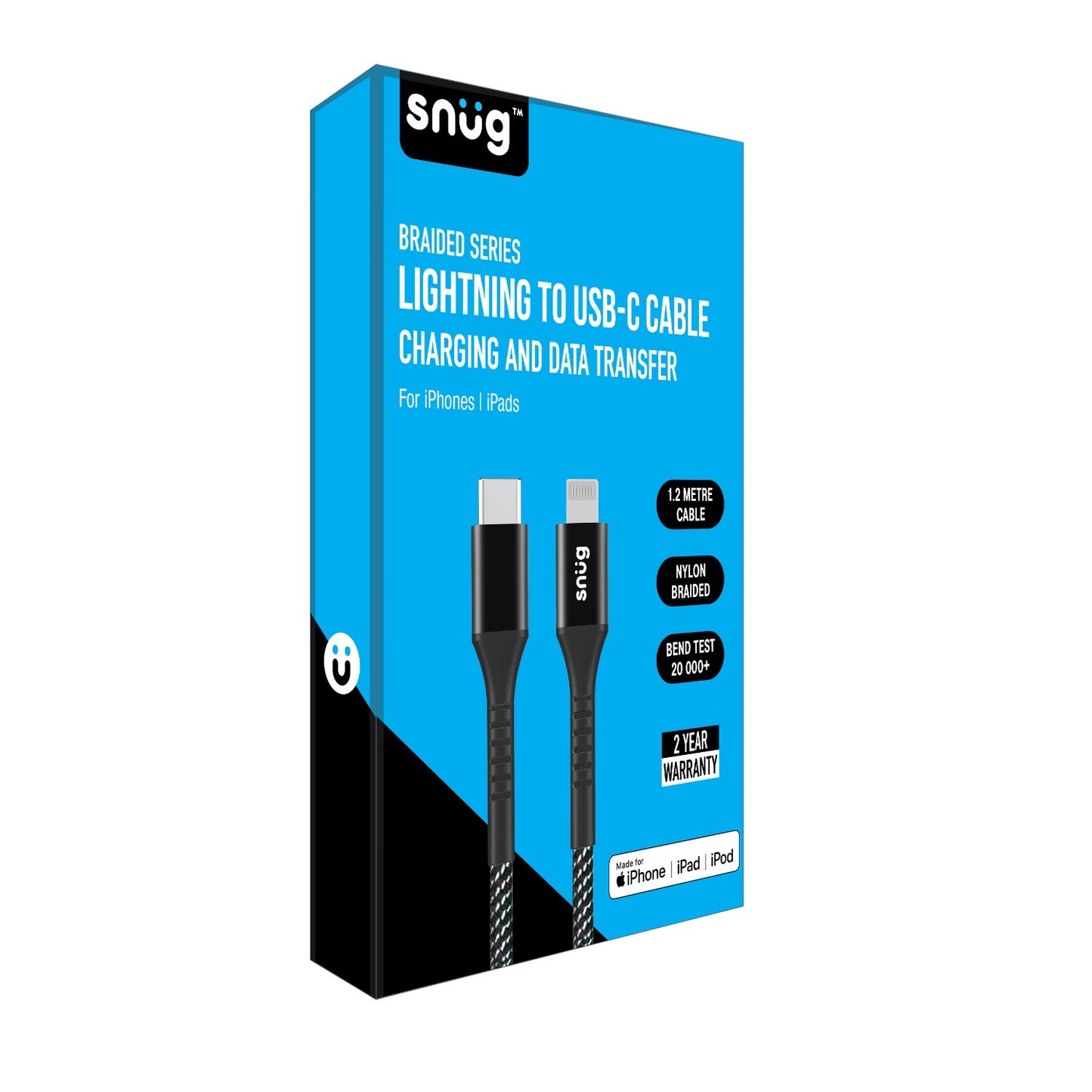 Snug Type-C To MFI Nylon Braided Cable 60W – 1.2 Metre – Black/Silver