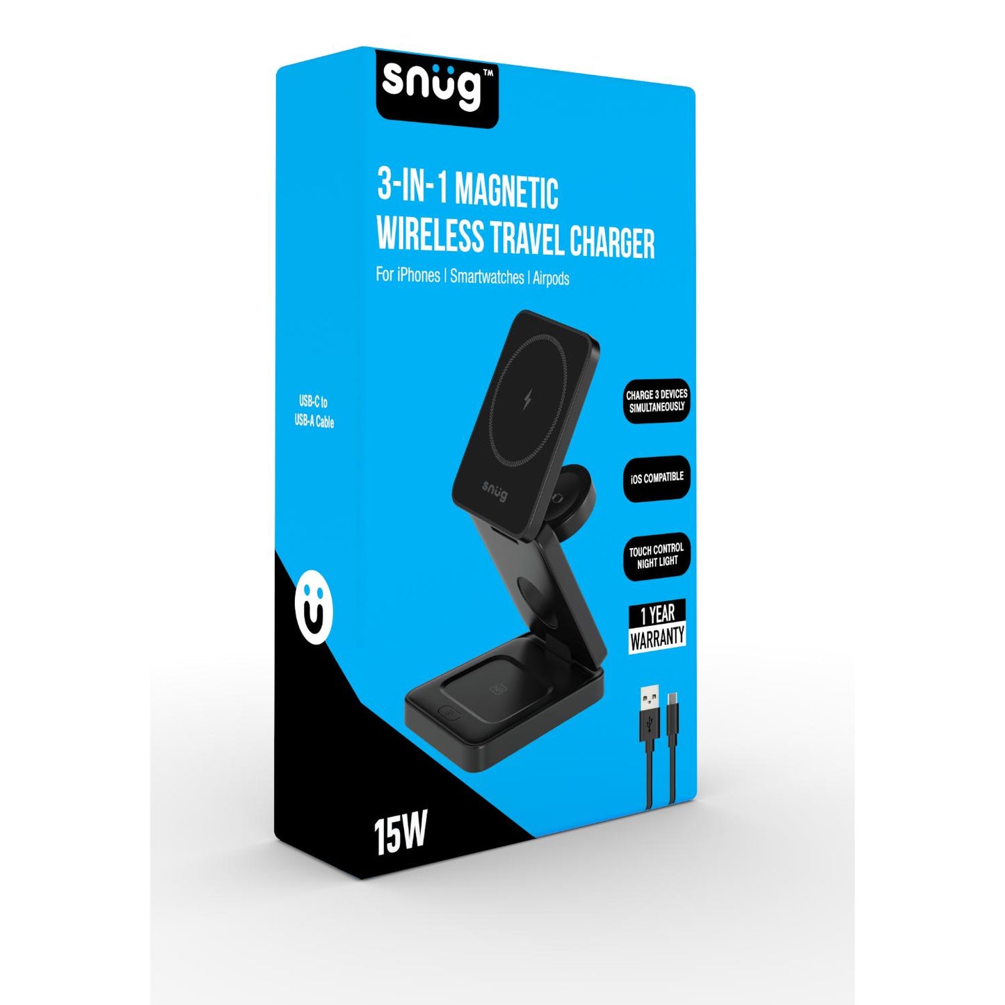 Snug 3-In-1 Magnetic Wireless Travel Charger 15W – Black