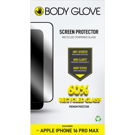 Body Glove Recycled Tempered Glass Screen Protector – Apple iPhone 16 Pro Max – Black Border