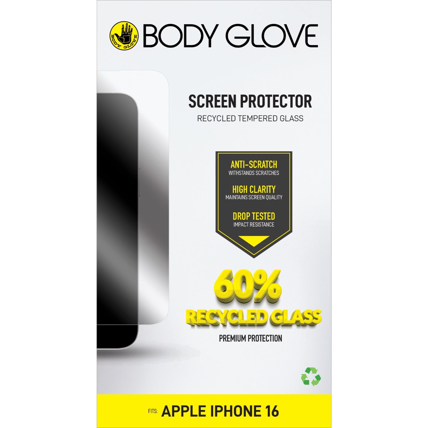 Body Glove Recycled Tempered Glass Screen Protector – Apple iPhone 16 / iPhone 15 – Clear