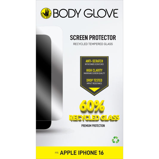 Body Glove Recycled Tempered Glass Screen Protector – Apple iPhone 16 / iPhone 15 – Clear
