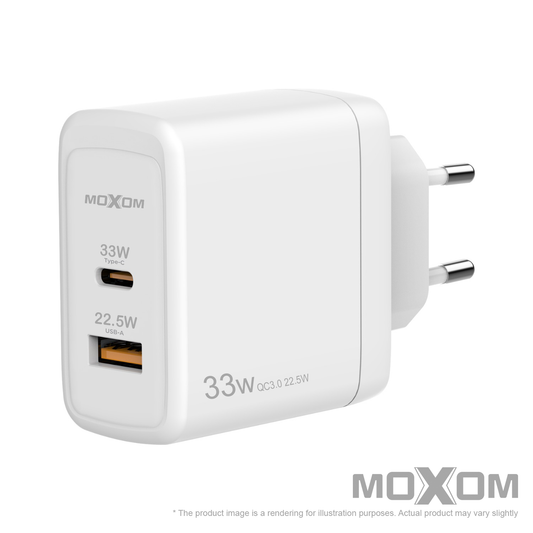 MOXOM LIGHTNING 1 PD PORT 1 USB QC PORT  WALL CHARGER – 33W