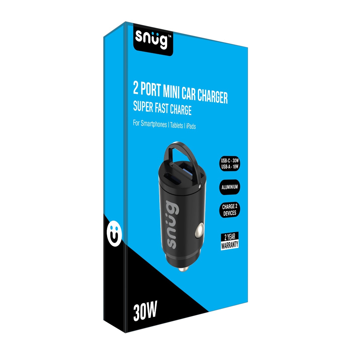 Snug Dual Port Mini Car Charger PD/USB 30W – Black